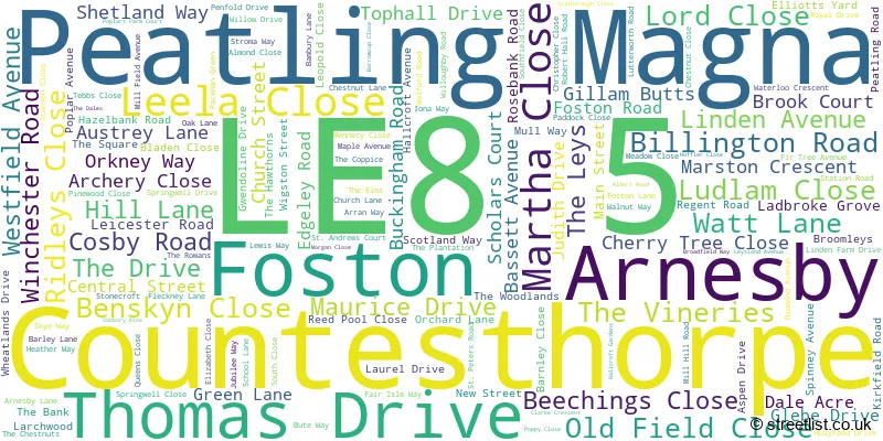 A word cloud for the LE8 5 postcode